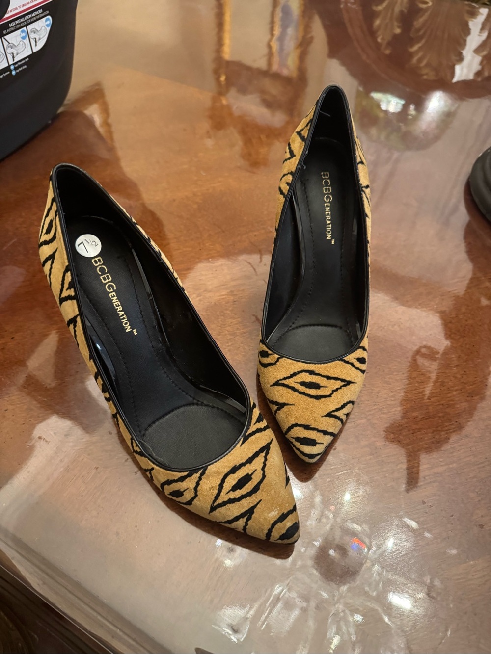 BCBG Tan and Black Patterned Pointed-Toe Pumps
